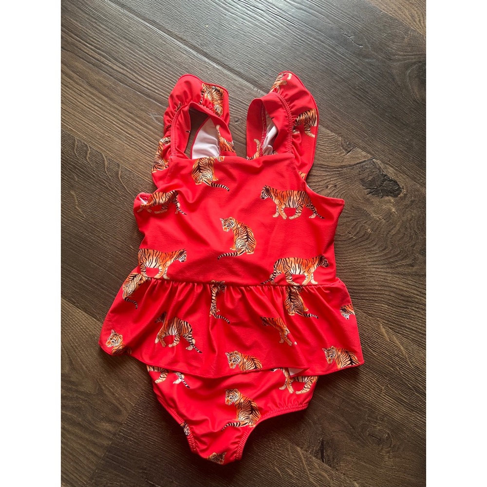 Bums & Roses Girls Red Tiger Print Ruffle One Piece Swimsuit Size 5/6Y